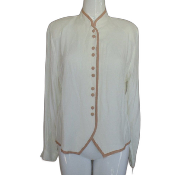 BEDFORD FAIR Shirt-jacket, L, Off-white/Camel trim, Buttons, Long sleeve - Picture 9 of 12